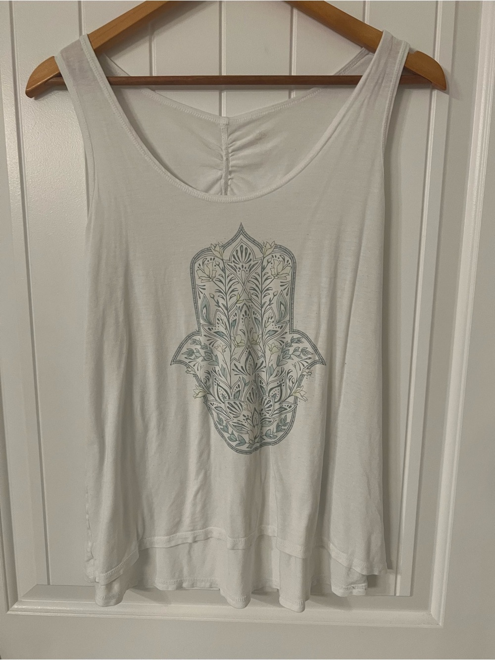 White Women's Sleeveless Yoga style Tank Top with Blue Floral Hamsa Print